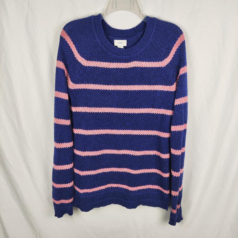 Old Navy Sweater Womens Medium Tall Blue Pink Stripe Knit Crew Neck Pullover
